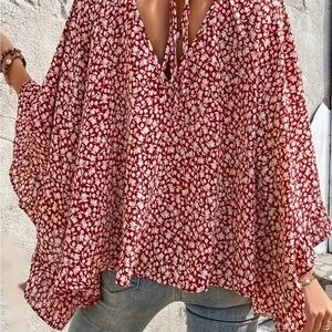 NWOT Print V Neck Blouse, Elegant Batwing Sleeve Tie Back Top